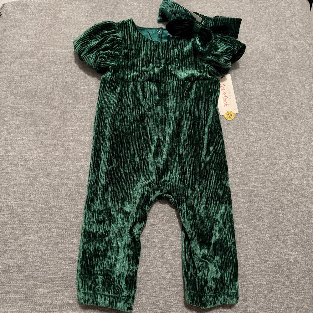 Cat & Jack Baby Girls Green Velvet Pleated Romper with Headband 6-9M NWT Holiday